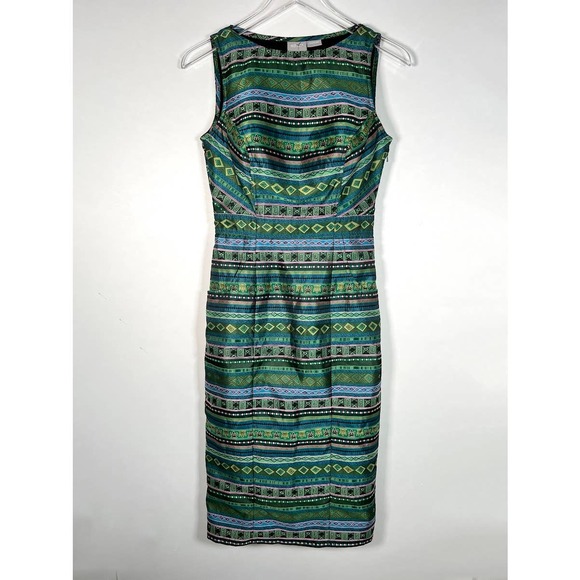 eShakti Women's Sleeveless Geometric Print Shift Dress XS Green Pockets - Picture 1 of 10